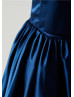 Navy Blue Satin Knee Length Flower Girl Dress With Handmade Flowers